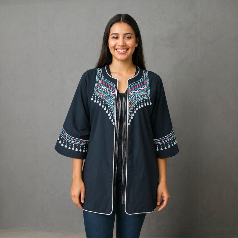 Bob Mackie Wearable Art Embroidered Beaded Jacket Black XL Boho Festival Chic - Picture 4 of 9